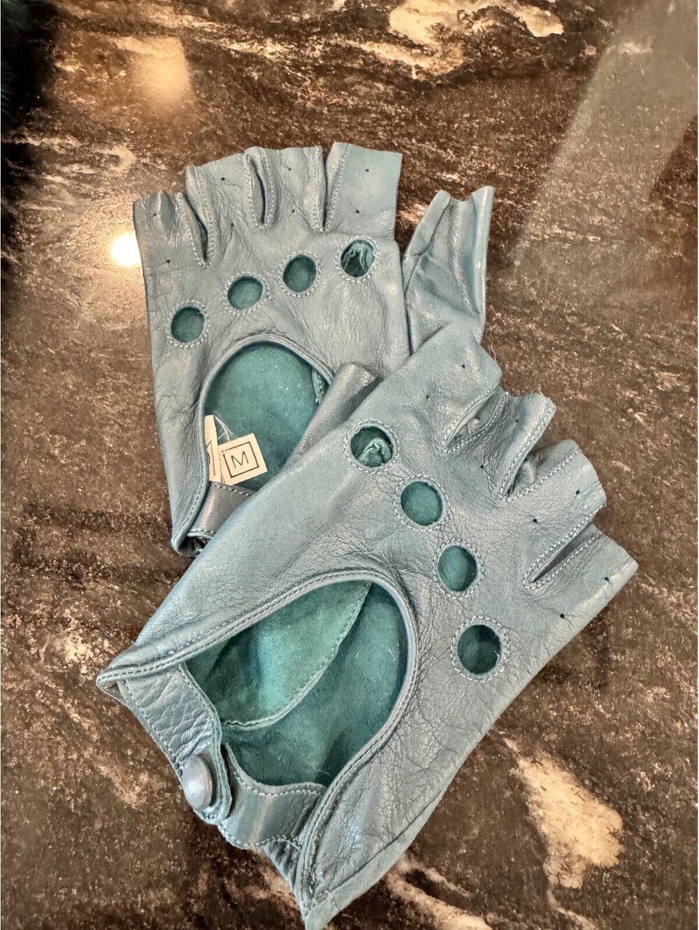 IMONI Lambskin Leather Cashmere Teal Blue Fingerless Gloves Sz M (GLOVES ONLY)